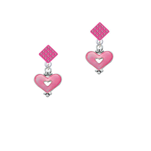 Hot Pink Enamel Heart with Cutout Hot Pink Crystal Diamond-Shape Earrings