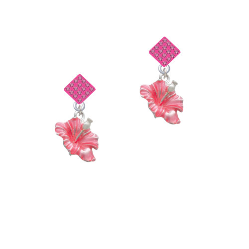 Hot Pink Hibiscus Flower Hot Pink Crystal Diamond-Shape Earrings