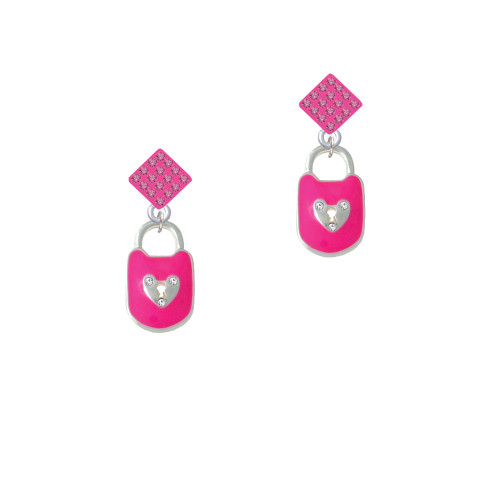 Hot Pink Enamel Lock with Clear Crystals Hot Pink Crystal Diamond-Shape Earrings