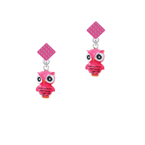 Resin Hot Pink Snow Owl Hot Pink Crystal Diamond-Shape Earrings