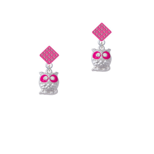 Owl with Hot Pink & Clear Crystal Eyes Hot Pink Crystal Diamond-Shape Earrings