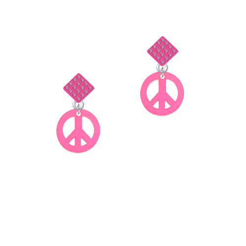 Acrylic Small Hot Pink Peace Sign Hot Pink Crystal Diamond-Shape Earrings