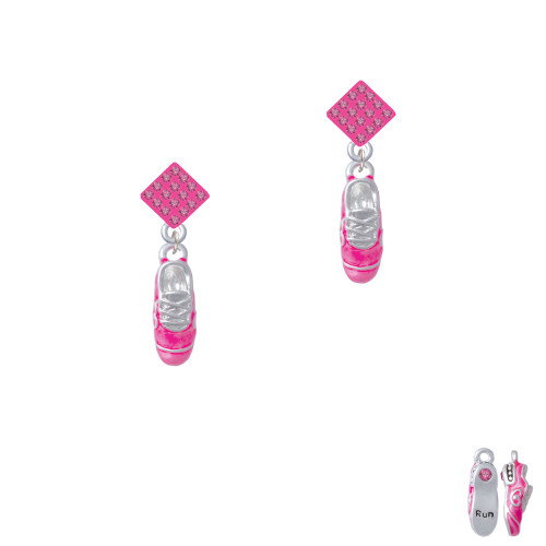 3-D Hot Pink Running Shoe Hot Pink Crystal Diamond-Shape Earrings