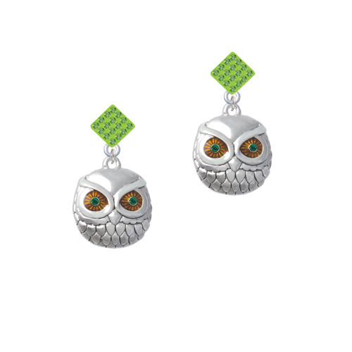 Large Round Owl with Green Crystal Eyes Lime Green Crystal Diamond-Shape Earrings