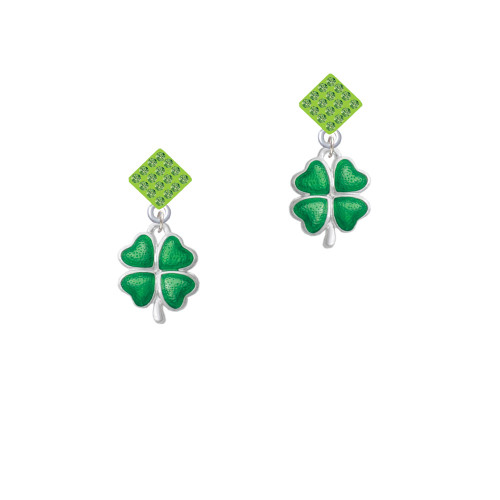 Translucent Green Lucky Four Leaf Clover Lime Green Crystal Diamond-Shape Earrings