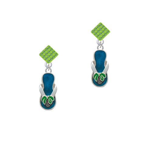 Tropical Blue Flip Flop with Palm Tree Lime Green Crystal Diamond-Shape Earrings