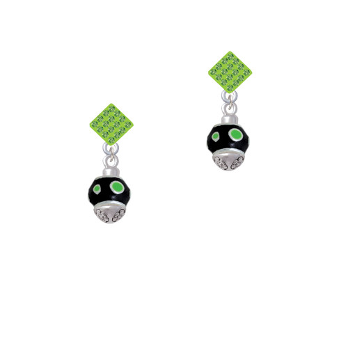 Lime Green Dots on Black Spinner Lime Green Crystal Diamond-Shape Earrings
