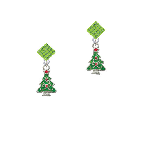Green Christmas Tree with Red Crystals Lime Green Crystal Diamond-Shape Earrings