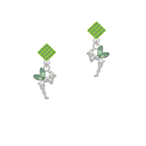 Small Fairy with Lime Green Wings Lime Green Crystal Diamond-Shape Earrings
