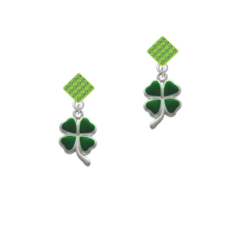 Green Four Leaf Clover with Heart Leaves Lime Green Crystal Diamond-Shape Earrings