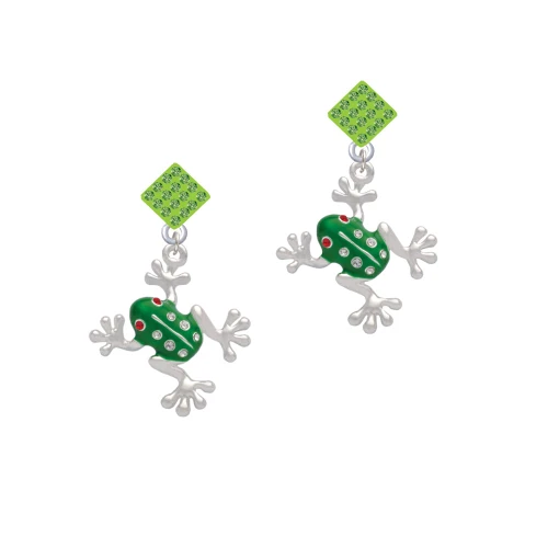 Green Frog with Crystals Lime Green Crystal Diamond-Shape Earrings