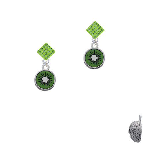 3-D Green Enamel Kiwi Lime Green Crystal Diamond-Shape Earrings