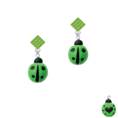 Resin Lime Green Ladybug Love Bug Lime Green Crystal Diamond-Shape Earrings