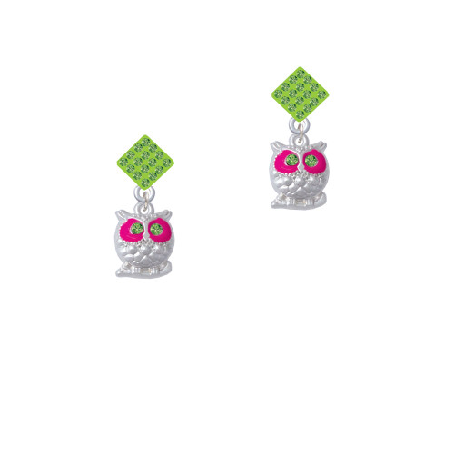 Owl with Hot Pink & Lime Green Crystal Eyes Lime Green Crystal Diamond-Shape Earrings