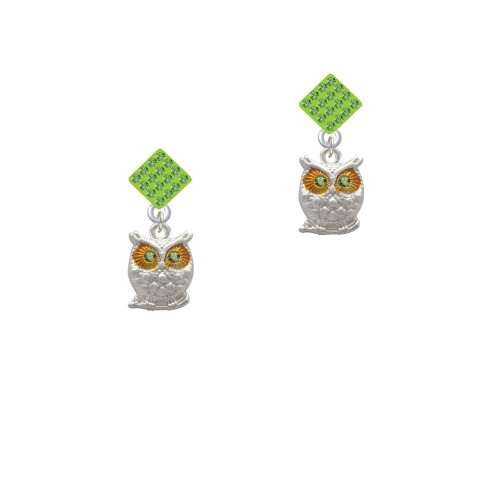 Owl with Lime Green Crystal Eyes Lime Green Crystal Diamond-Shape Earrings