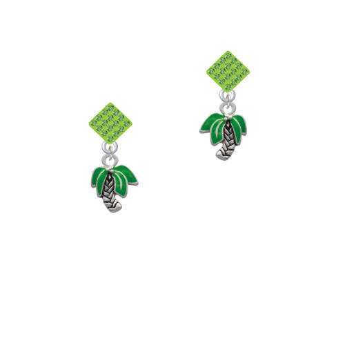 Mini Enamel Palm Tree Lime Green Crystal Diamond-Shape Earrings