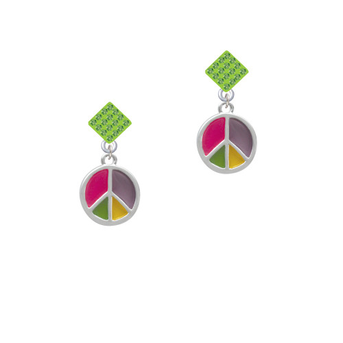Bright Multicolored Peace Sign Lime Green Crystal Diamond-Shape Earrings