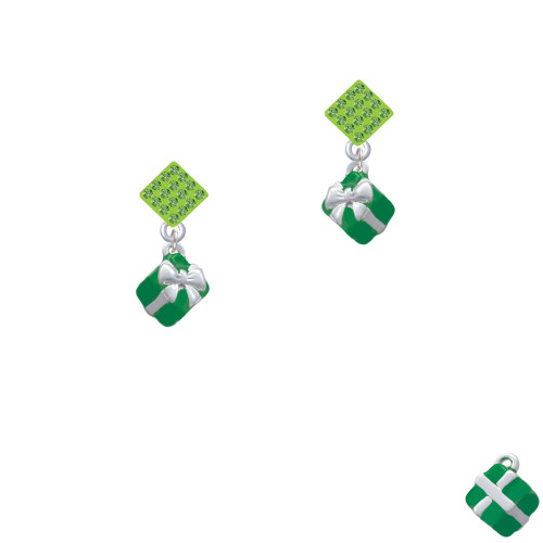 Small 3-D Green Present with Bow Lime Green Crystal Diamond-Shape Earrings