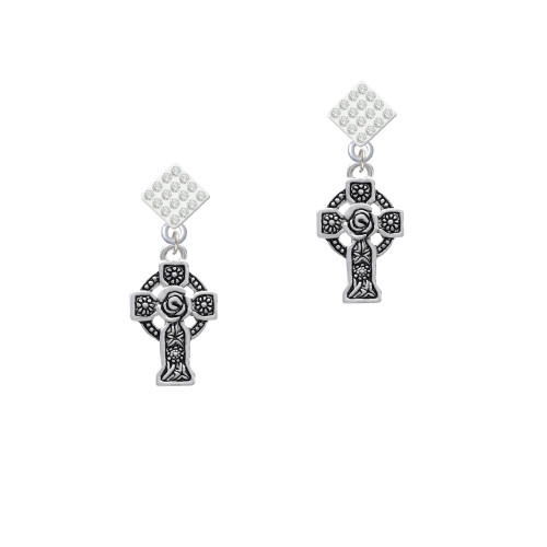 Large Celtic Cross White Clear Crystal Diamond-Shape Earrings
