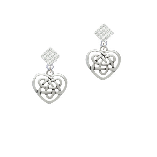 Celtic Knot Heart White Clear Crystal Diamond-Shape Earrings