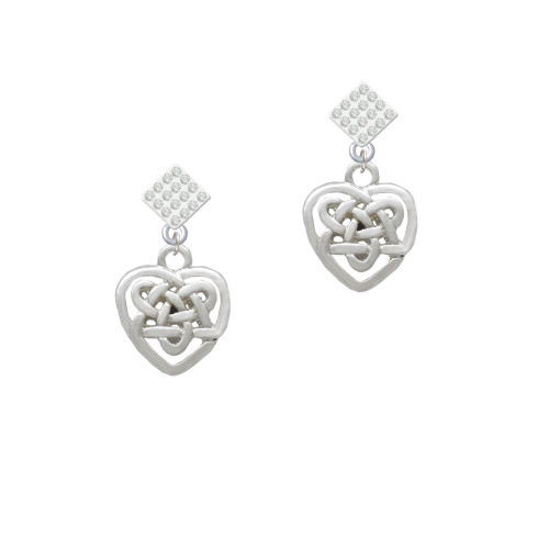 Small Celtic Heart Knot White Clear Crystal Diamond-Shape Earrings