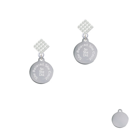 Engraved She Believed She Could White Clear Crystal Diamond-Shape Earrings