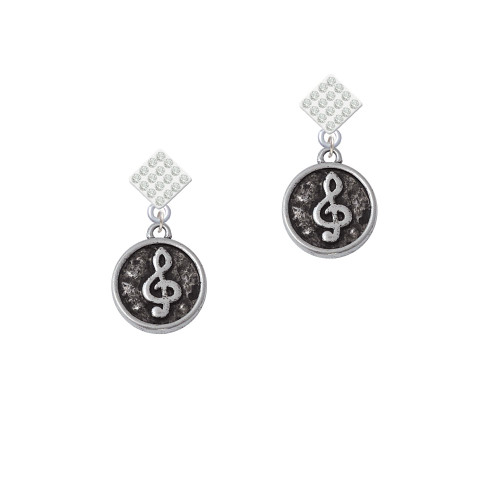 Antiqued Round Seal - Clef White Clear Crystal Diamond-Shape Earrings