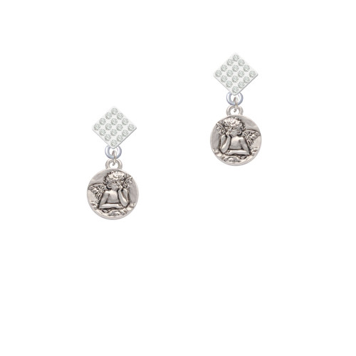 Small Raphael Angel on Disc White Clear Crystal Diamond-Shape Earrings
