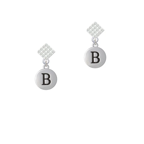 Capital Letter - B - Pebble Disc - White Clear Crystal Diamond-Shape Earrings