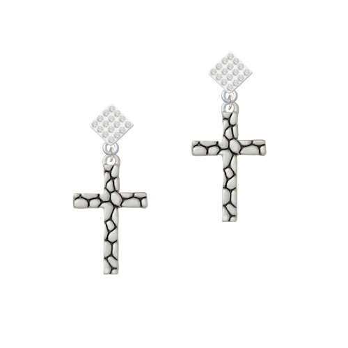 Pebble Cross White Clear Crystal Diamond-Shape Earrings