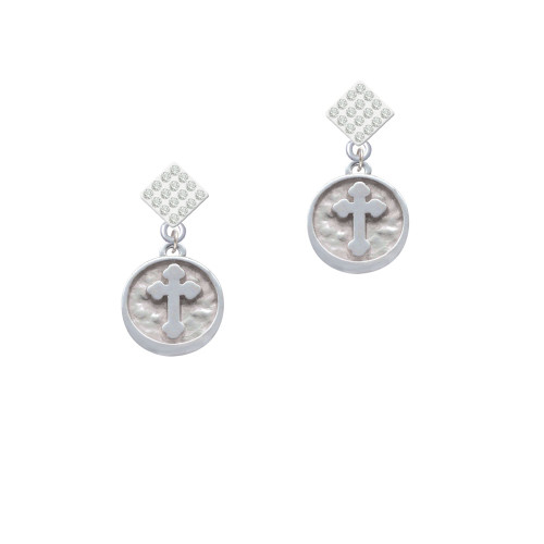 Botonee Cross - Round Seal White Clear Crystal Diamond-Shape Earrings