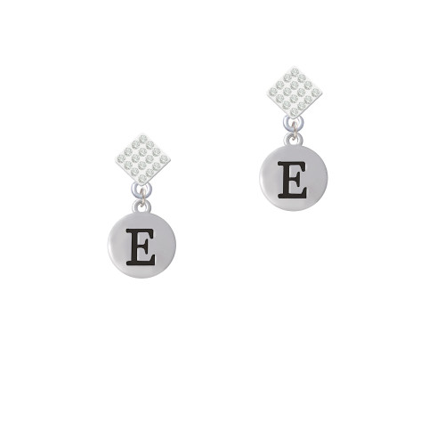 Capital Letter - E - Pebble Disc - White Clear Crystal Diamond-Shape Earrings