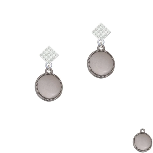 Stainless Steel Disc with Border White Clear Crystal Diamond-Shape Earrings