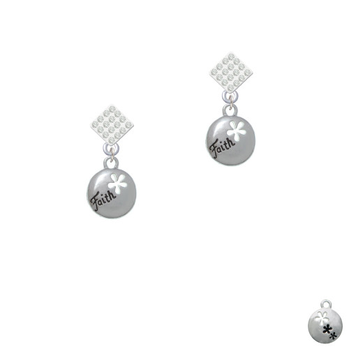 Faith Disc with Cutout Flower White Clear Crystal Diamond-Shape Earrings