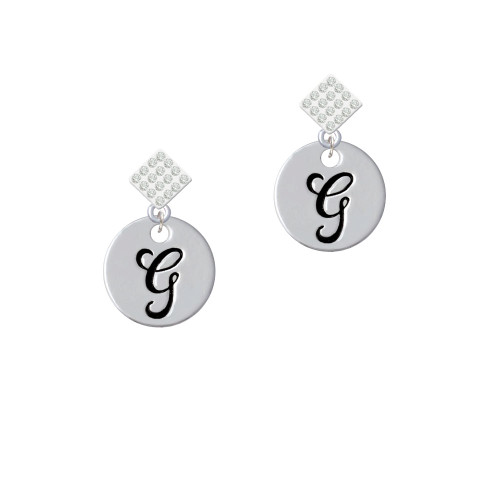 Large Script Letter - G - 3/4'' Disc - White Clear Crystal Diamond-Shape Earrings