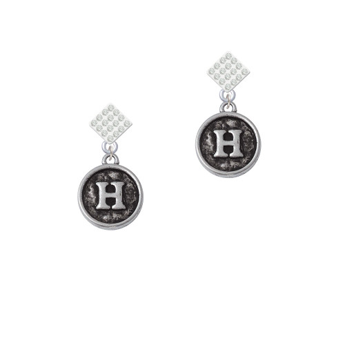 Antiqued Round Seal - Initial - H - White Clear Crystal Diamond-Shape Earrings