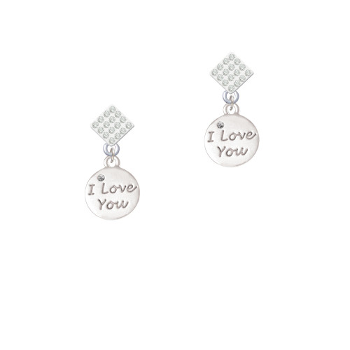 I Love You Disc White Clear Crystal Diamond-Shape Earrings