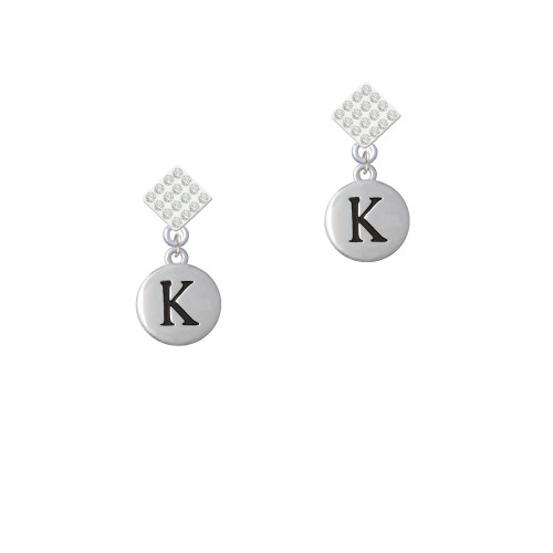 Capital Letter - K - Pebble Disc - White Clear Crystal Diamond-Shape Earrings