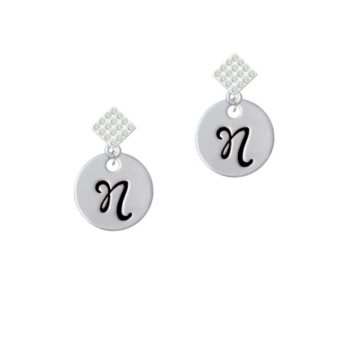 Large Script Letter - N - 3/4'' Disc - White Clear Crystal Diamond-Shape Earrings