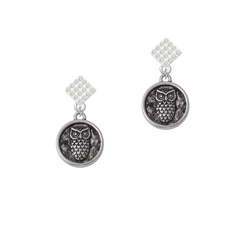 Antiqued Round Seal - Owl White Clear Crystal Diamond-Shape Earrings