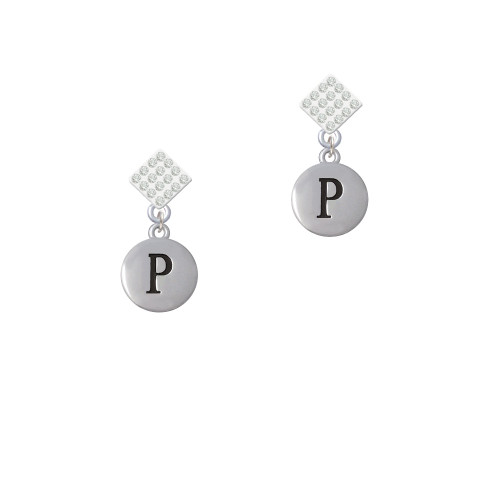 Capital Letter - P - Pebble Disc - White Clear Crystal Diamond-Shape Earrings