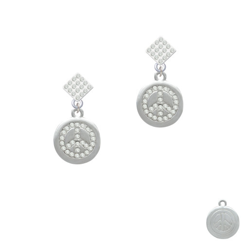 Disc with Crystal Peace Sign White Clear Crystal Diamond-Shape Earrings