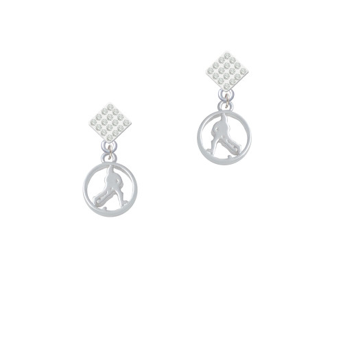 Field Hockey Player Silhouette in 1/2'' Disc White Clear Crystal Diamond-Shape Earrings