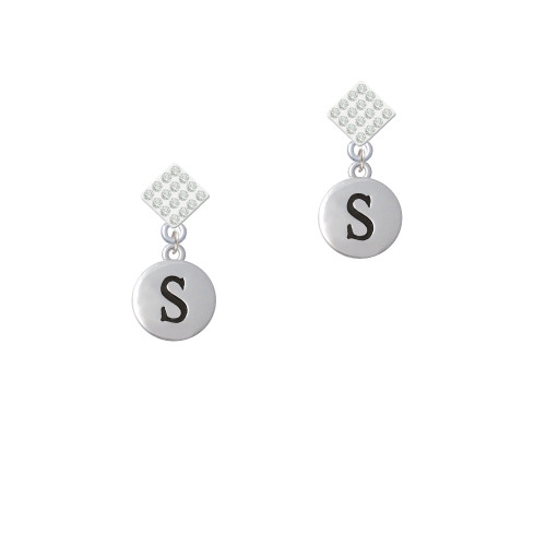 Capital Letter - S - Pebble Disc - White Clear Crystal Diamond-Shape Earrings