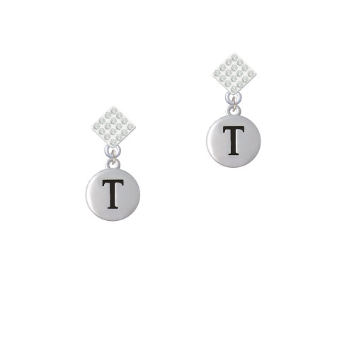 Capital Letter - T - Pebble Disc - White Clear Crystal Diamond-Shape Earrings