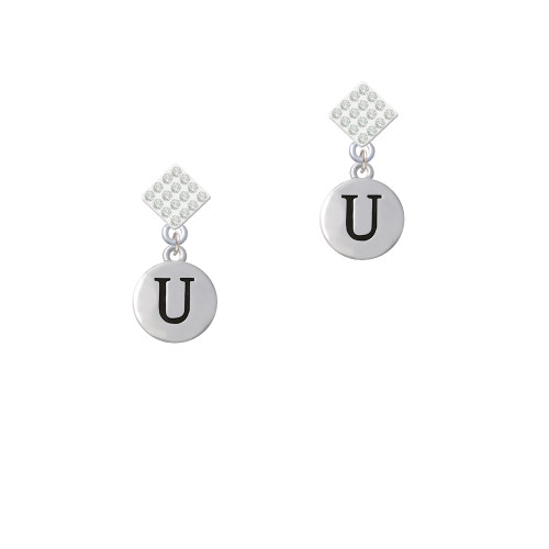 Capital Letter - U - Pebble Disc - White Clear Crystal Diamond-Shape Earrings