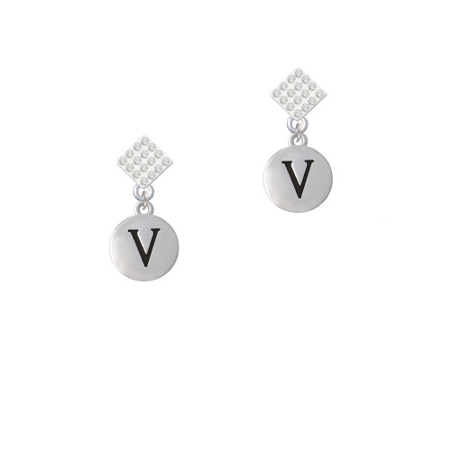 Capital Letter - V - Pebble Disc - White Clear Crystal Diamond-Shape Earrings