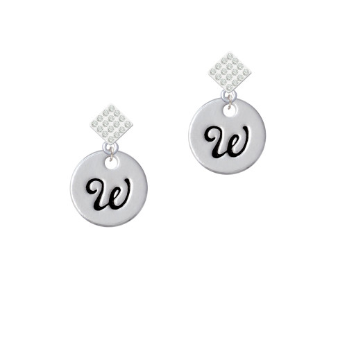 Large Script Letter - W - 3/4'' Disc - White Clear Crystal Diamond-Shape Earrings