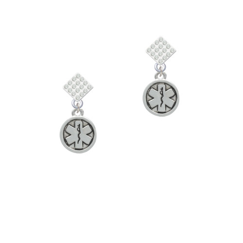 Round EMT Star of Life White Clear Crystal Diamond-Shape Earrings
