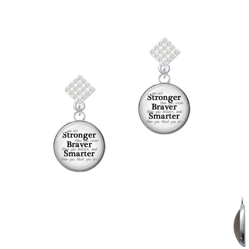 Domed Stronger Braver Smarter White Clear Crystal Diamond-Shape Earrings